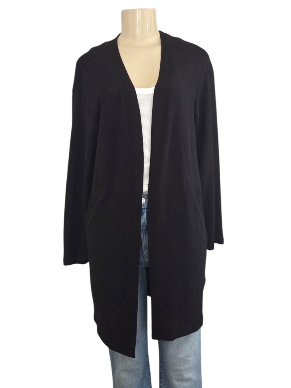 OUGES Women’s Black Long Open Front Cardigan Pockets Size M Lightweight